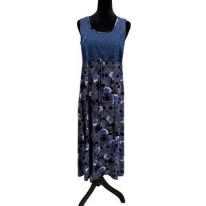 Vtg Prairie Dress Womens M Denim Flowy‎ Floral Western Cowgirl Country Blue USA